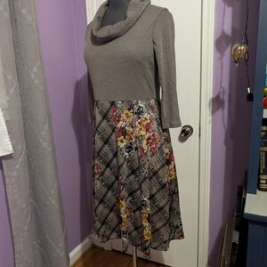 Floral Plaid Cowl Neck Dress